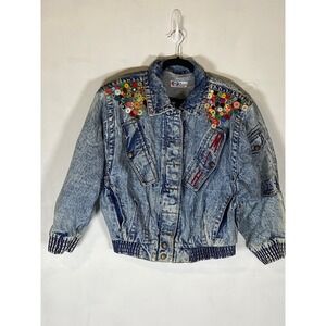 Vintage 80s Acid Wash Denim‎ Jacket Button Embellished Monogram M Cropped